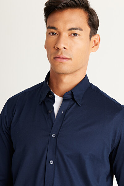 ALTINYILDIZ CLASSICS Синя сорочка Slim Fit з вузьким кроєм, прихованою застібкою та коміром, 100% бавовна