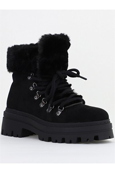 MARQUIIZ Ghete damă cu șireturi piele ecologică îmblănită Negru