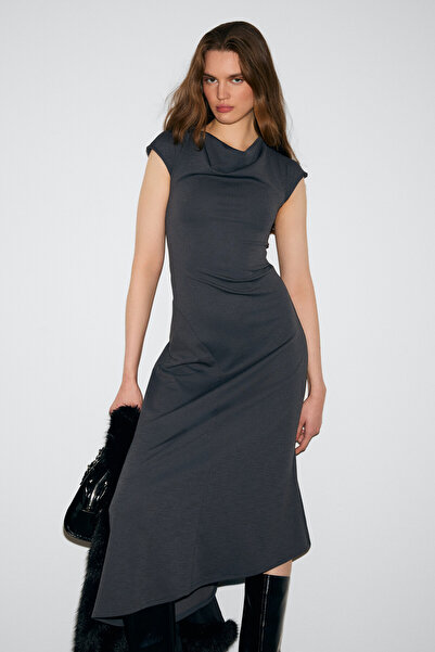 GRIMELANGE Solienne Women's Degaje Collar Off Shoulder Short Sleeve Waist Fitted Asymmetrical Hem Detailed Gray Dress