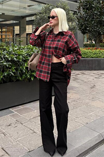 Madmext Red Oversized Plaid Pattern Women's Shirt Mg2589