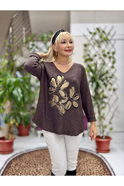 Punta Otantik Yg8022 Floral Patterned Stone Italian Knitwear Blouse Brown