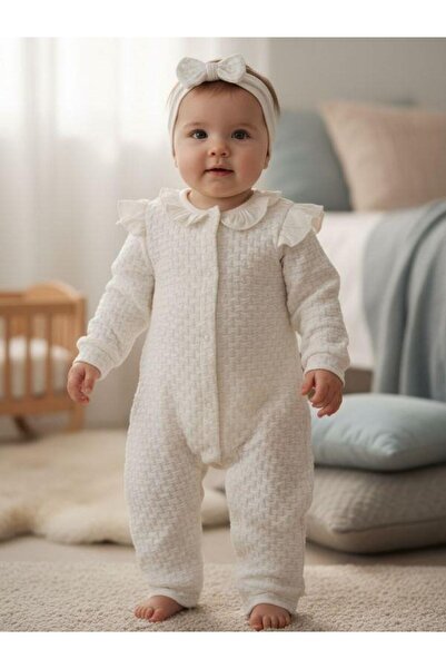 Zekids Baby Girl Cotton Jacquard Self-Patterned Jumpsuit Without Booties