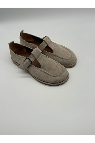 BURCU COLLECTİON Alina Beige Loafer with Adjustable Strap and Buckle Detail