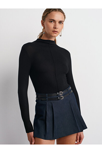 Dilvin Front Stitched Mock Neck Blouse