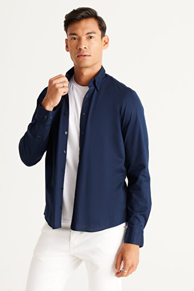 ALTINYILDIZ CLASSICS Синя сорочка Slim Fit з вузьким кроєм, прихованою застібкою та коміром, 100% бавовна