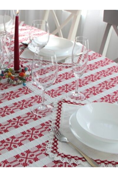 Nicoratex White rectangular tablecloth white with red with set of 6 white napkins with white with red lace
