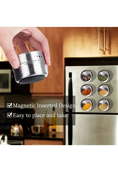 NO BRAND 6 pcs Stainless Steel Magnetic Spice Jars, Includes Base, Transparent Lid, Sieve, and Magnetic Shelf