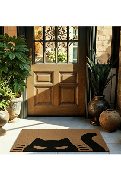 Etnik Dekor Digital Printing Doormat Black Cat