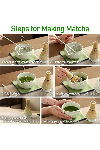 fulina 7-Piece Matcha Whisk Set, Artisan Wave Matcha Kit Set for Making Breakfast/Latte, Round Green, Large