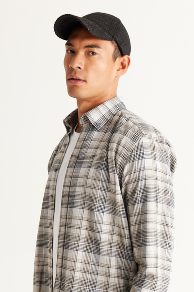 ALTINYILDIZ CLASSICS Grey-White Slim Fit Slim Fit Buttoned Collar Cotton Plaid Patterned Flannel Lumberjack Shirt