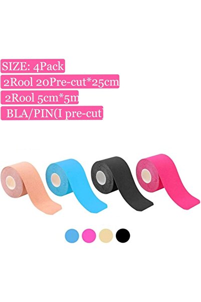 Com Arito Kinesiology Sports Tape - 4 Pack (20 Pre-cut 25cm Strips) + 2 Rolls (5m), Waterproof, Beige