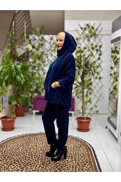 Punta Otantik Nc25195 Zippered Hooded Stone Italian Velvet Suit Navy Blue