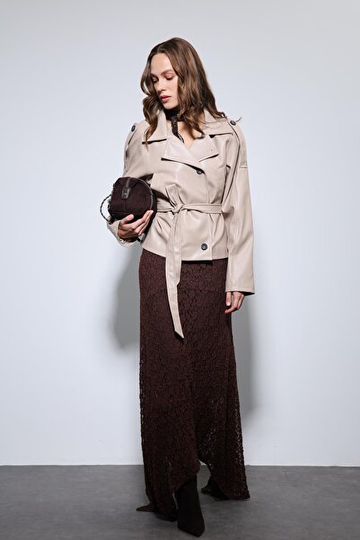 Antioch Beige Belted Faux Leather Coat