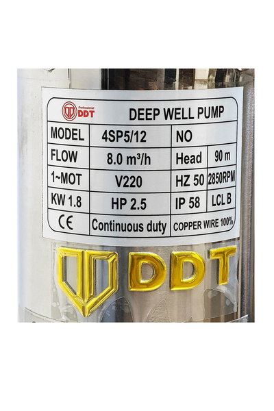 DDT Pompă submersibilă de puț adânc 4SP5/12 – 1.8 kW, 2.5 CP, 8 m³/h, înălțime de pompare 90 m
