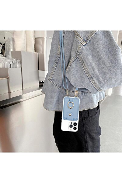 TERRIFI Phone Wallet Stick-On Slim Adhesive Card Holder with Detachable Crossbody Strap, Blue