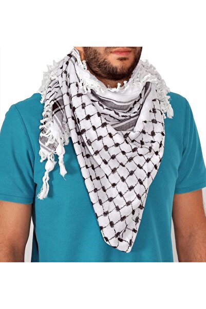 Generic Arabic Style Shemagh Keffiyeh Scarf Cotton - White/Black Tassel (Men)