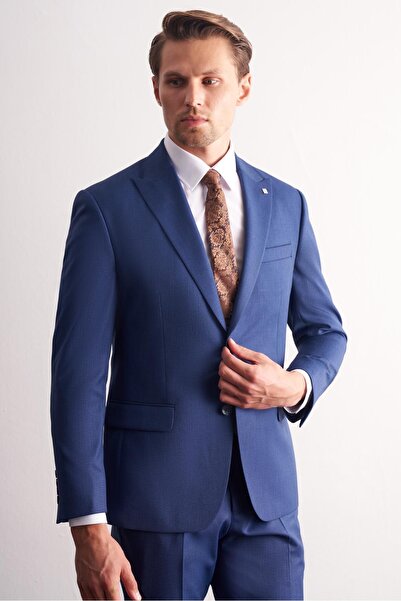 İmza Dark Navy Swallow Collar Self Patterned Flexible Waist Slim Fit 6 Drop Suit 1001255168