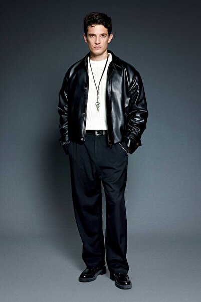 ablukaonline Men's relax fit contrast collar leather jacket black