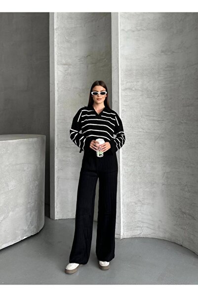 MODAMERSİ Women's Black Polo Neck Striped Sweater Pants Knitwear Set