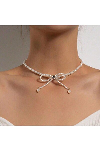 Pursehuit Colier argintiu, cu perle și fundă, Oluva C3