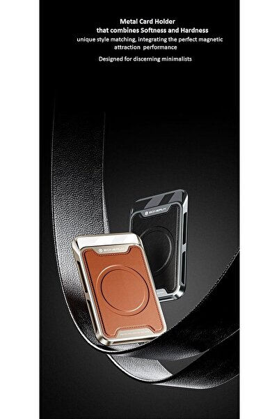 Generic Magnetic Aluminum Card Wallet Slim Leather Card Holder for iPhone 12-16 Series (Golden + Black)