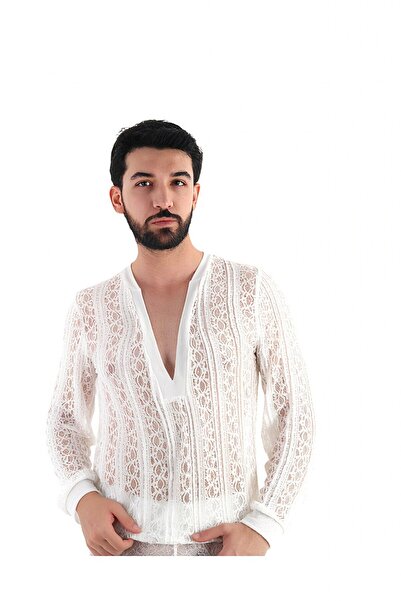 Swan Erkek Transparan Dantel Fantezi Üst – Ekru