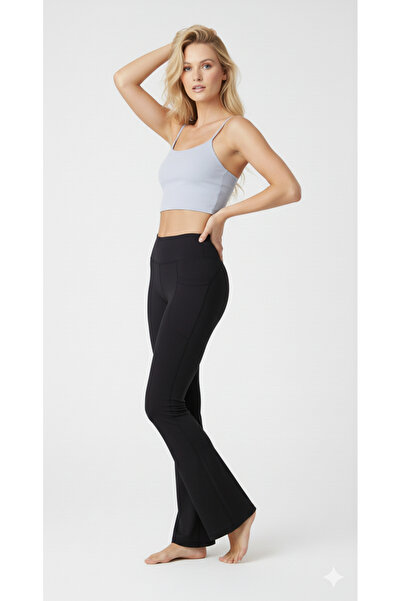 Newness Fashion Forwoard Women's Black High Waist Smoothing Double Pocket Flared Leg Tights Bootcut