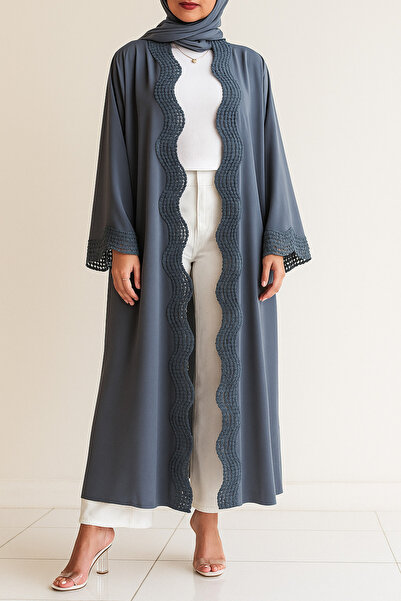 MayaCloset Premium Long Gray Nidah Cap Ferace Abaya with Elegant Lace Trim