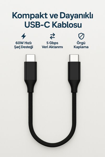 Coverzone Type-C to Type-C 30cm Kablo – 60W Hızlı Şarj, 5Gbps Veri Aktarımı, Dayanıklı Örgü Tasarım | ZR876