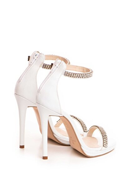 Vanilla Days White Genuine Leather Stiletto Sandals with Crystals, 12 cm Heel