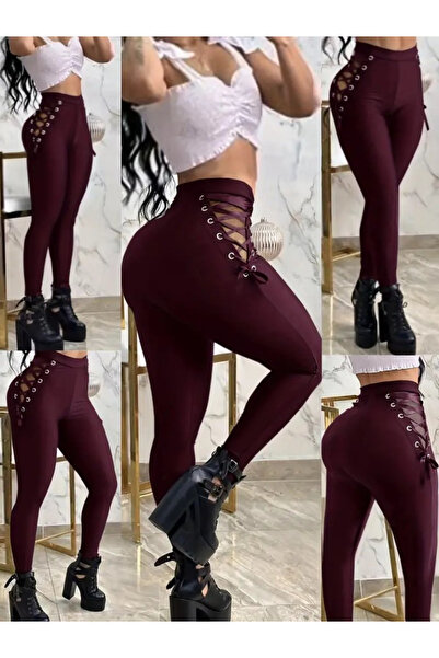 MODA Kadın yüksek bel çapraz bağcıklı tül detaylı trend tayt