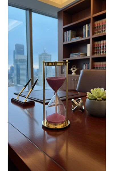 EVLE Altın Rengi Metal Çerçeveli Dekoratif Kum Saati 14 cm Mor Kumlu Lüks Ofis Hediyelik Aksesuar