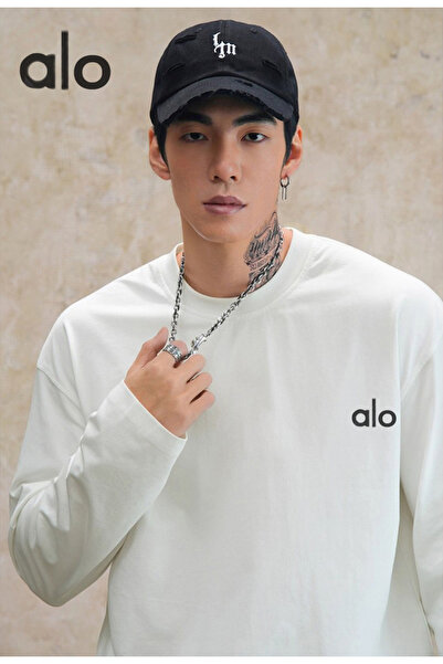 Alo 100% pure cotton round neck white sports shirt, 240g casual long sleeved men's and women's top