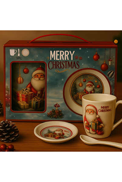 Aruz 🎄 MERRY CHRISTMAS NOEL BABA TEK FİNCAN, TABAK VE KAŞIK SETİ – HEDİYELİK...
