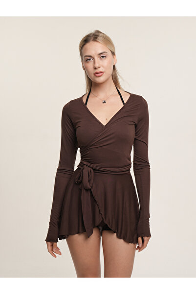 Loova Cappuccino Glow Kahverengi Ballet Wrap Top - Bağlamalı Balerin Yoga Pilates Bluz