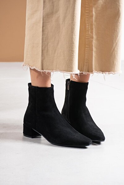 FSKOMBİN Celosia Black Genuine Suede Women's Short Heeled Boots