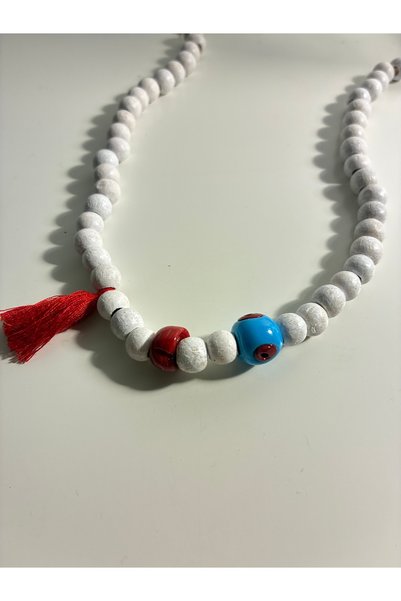 DeNors Blue Glass and Wood Beaded Women's Necklace with Evil Eye Beads and Tassels