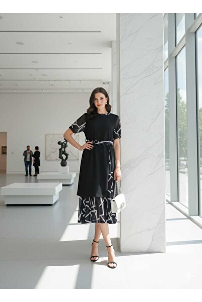 JustFab Elegant Black Geometric Midi Dress with Sheer Sleeves