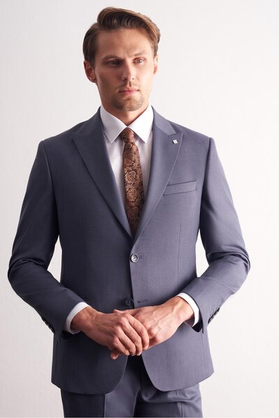 İmza - Navy Blue Swallow Collar Self Patterned Flexible Waist Slim Fit 6 Drop Suit 1001255168