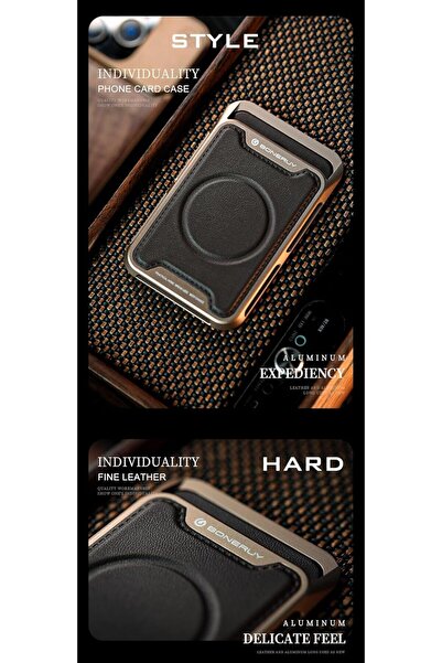 Generic Magnetic Aluminum Card Wallet Slim Leather Card Holder for iPhone 12-16 Series (Golden + Black)