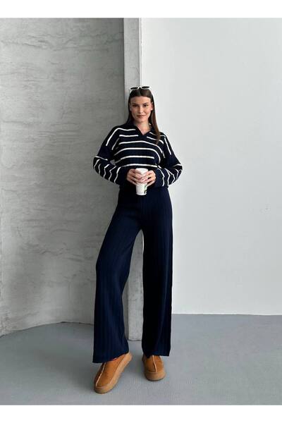MODAMERSİ Women's Navy Blue Polo Neck Striped Sweater Pants Knitwear Set