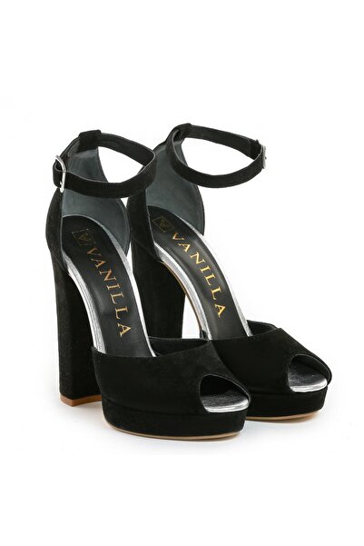 Vanilla Days Sandale Bolivia din piele întoarsă neagră și argintie cu toc blo...