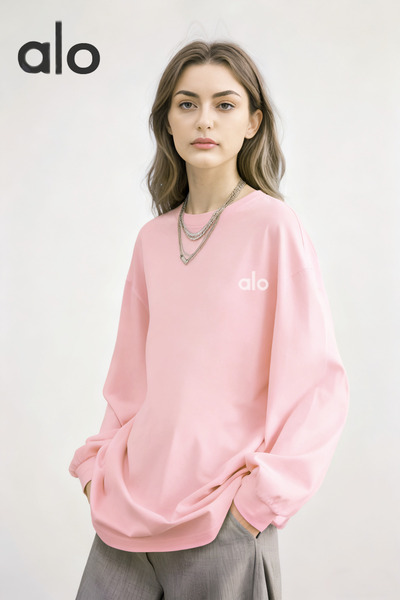 Alo 100% pure cotton round neck white sports shirt, 240g casual long sleeved men's and women's top