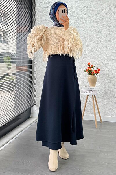 MELEK ARAZ Cape Detailed Side-Tie Flared Scuba Skirt – Navy Blue