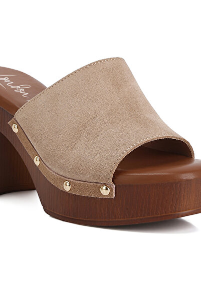 london Rag Women Suede High Block Heel Clogs in Tan