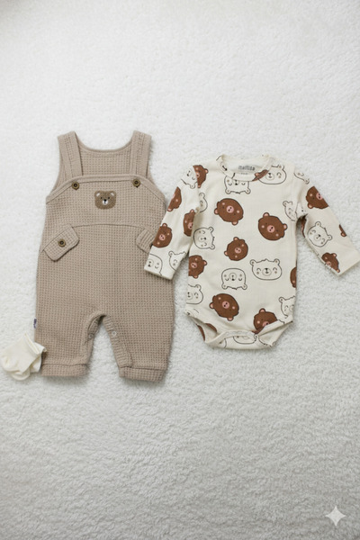 EYMİRGİYİM Cotton Teddy Bear Motif Waffle Fabric Baby Boy 3-Piece Romper 3 Months, 6 Months, 9 Months
