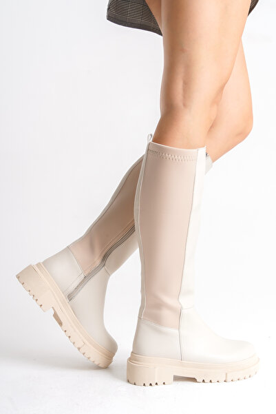 Ayakkabı Delisiyim Bej Deri Kadın Çizme Lastikli Diz Altı Fermuarlı Kaymaz Ta...