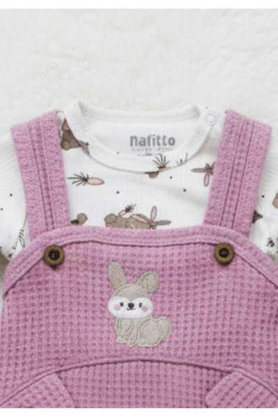 EYMİRGİYİM Cotton Rabbit Motif Waffle Fabric Baby Girl Children's 3-Piece Jumpsuit 3 Months, 6 Months, 9 Months