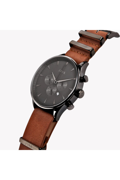 ZINK Men's Stainless Steel Black Watch, Brown Leather | ZK127G2LS-22
