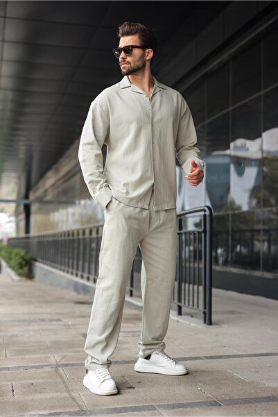 Madmext Painted Gray Buttoned Basic Men's Shirt Pants Set E7335